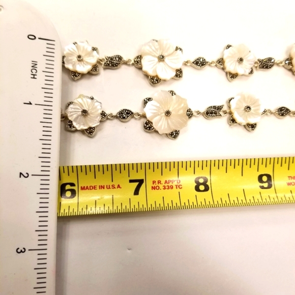Sterling Silver Marcasite White MOP Hawaiian Hibiscus Plumeria flower bracelet - Picture 8 of 13